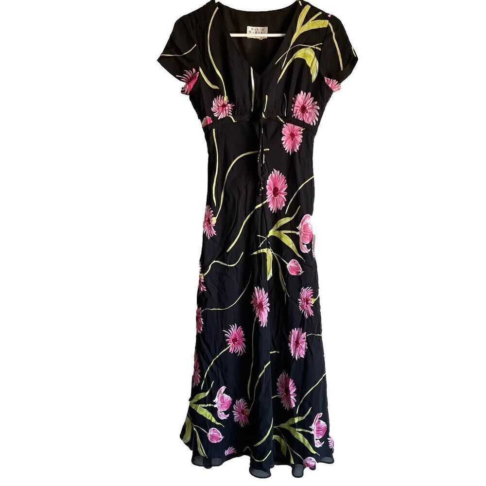 Vtg David Warren Petites Womens Midi Dress 8 Black Pink Daisy Empire Waist 90 00
